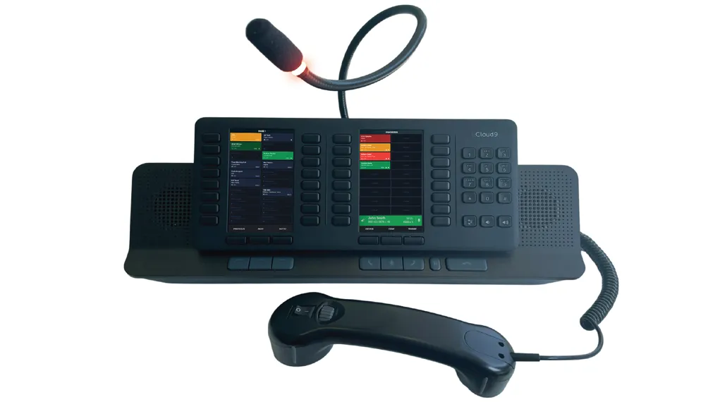 Cloud9 VoIP trading device with a gooseneck microphone, dual displays and handset