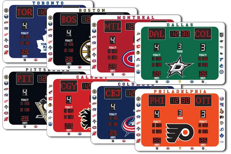 Eight NHL team-themed Fantasy connected scoreboards including Toronto, Boston, Dallas and Philadelphia