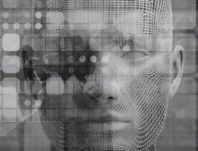 Wireframe-textured human face over a grid of digital icons