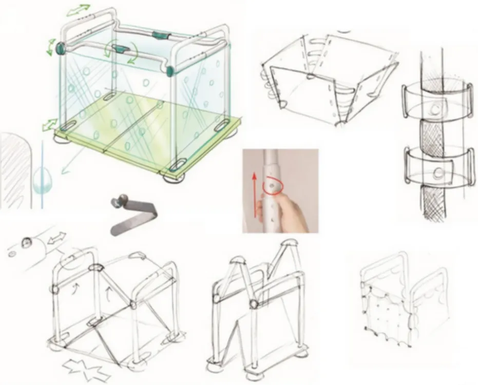 Concept sketches of the Bath and Play toddler bath frame with folding tube structures