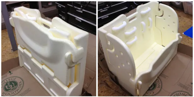 Two views of the foam Bath and Play prototype, folded flat and set up as a seat