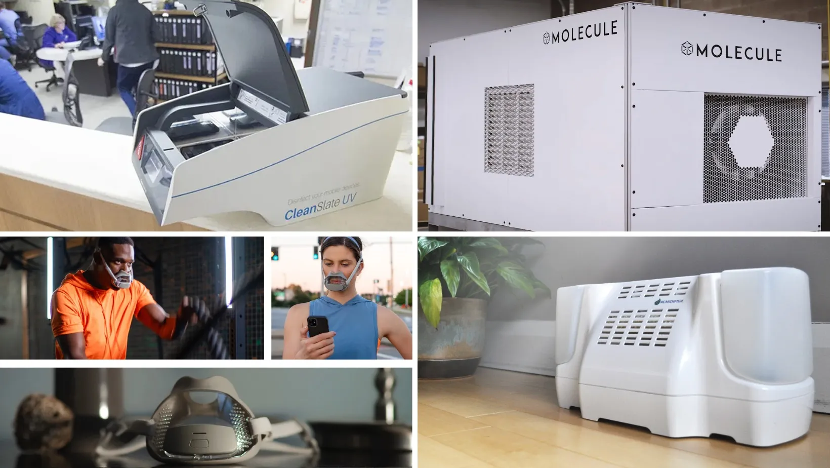 Collage of CleanSlate UV sanitizer, Molecule air purifier, Rumidifier humidifier and people wearing respirator masks