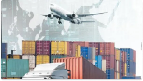 Cargo plane flying over stacked shipping containers and a truck