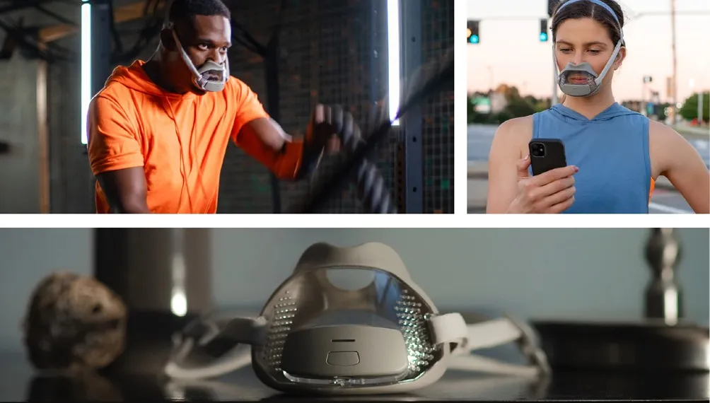 Athletes wearing the Calibre metabolic tracker mask while exercising, with the mask on a table