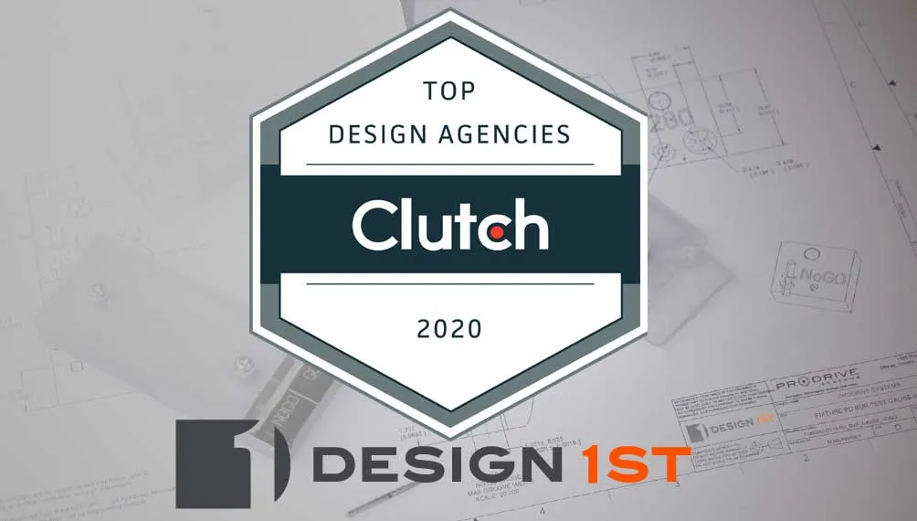 Clutch Top Design Agencies 2020 badge with the Design 1st logo over engineering drawings
