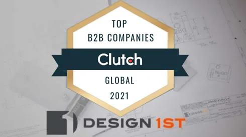 Clutch Top B2B Companies Global 2021 badge with the Design 1st logo over engineering drawings