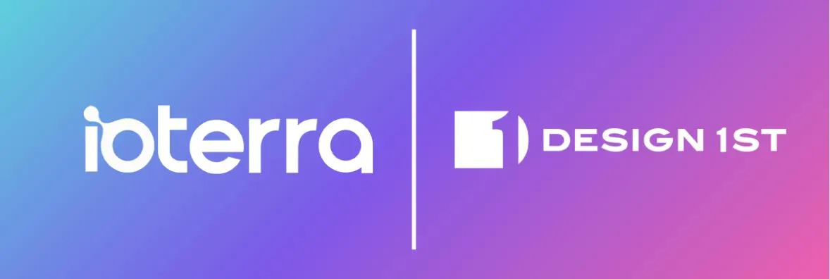 Ioterra and Design 1st logos side by side on a purple gradient