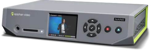 Epiphan Pearl Nano encoder, angled view showing its screen, SD card slot and buttons