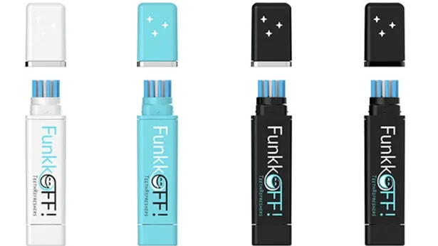 FunkkOFF! TeethRefreshers in white, blue and black with caps removed showing the brush heads