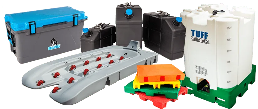 Rotationally molded products: a cooler, fuel tanks, a kayak hull, pallets and a Tuff Stack tote
