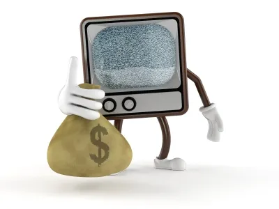 Cartoon retro television with a static screen holding a bag of money