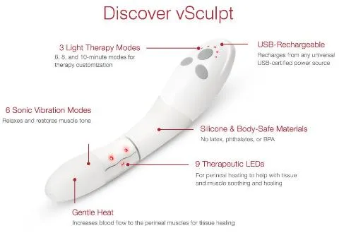 Annotated vSculpt diagram listing light therapy modes, sonic vibration, LEDs, gentle heat and USB charging
