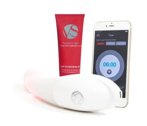 vSculpt device with its photonic gel tube and the companion app timer on a phone
