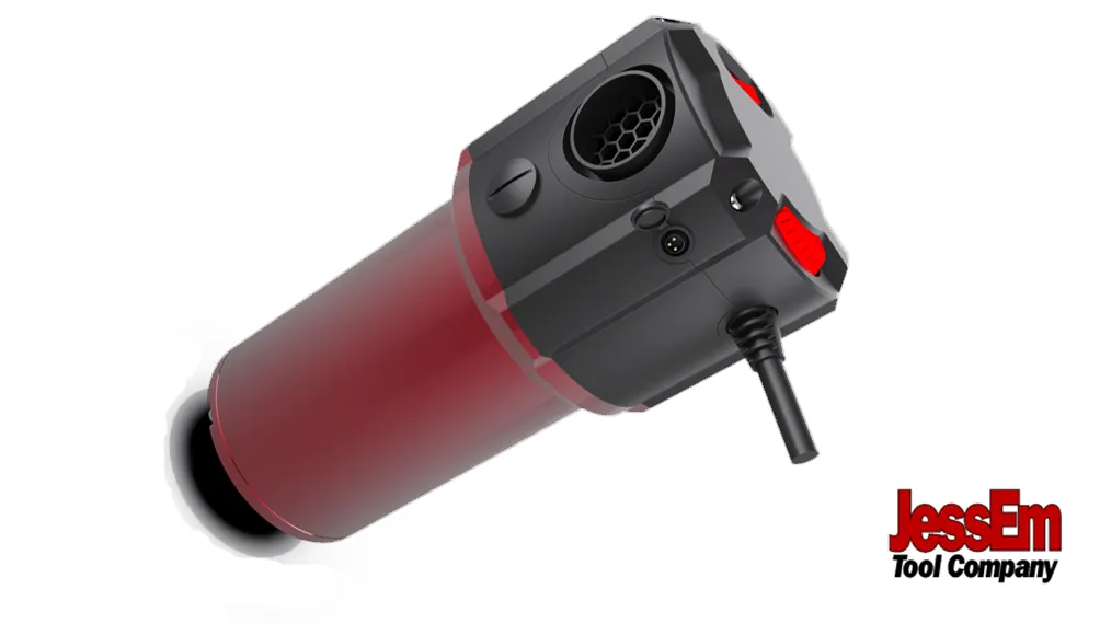 CAD render of the JessEM woodworking router motor in red and black with the JessEm Tool Company logo