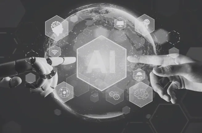 Robot hand and human hand reaching toward an AI hexagon over a glowing globe