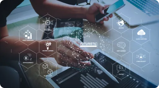 Hands using a phone and tablet overlaid with AI, machine learning and cloud computing icons