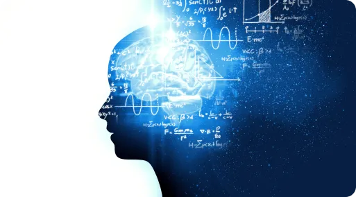 Silhouette of a head with a glowing brain surrounded by mathematical formulas