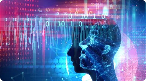 Digital wireframe face in profile against streams of binary code