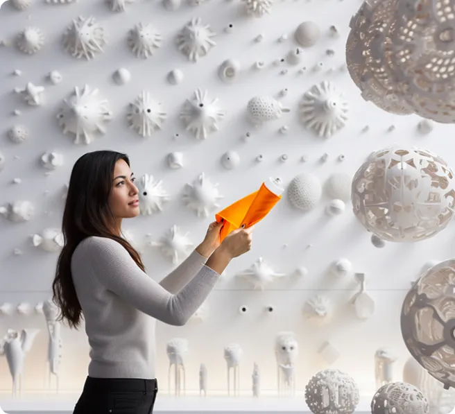 Designer holding an orange concept model in front of a wall of white 3D-printed forms
