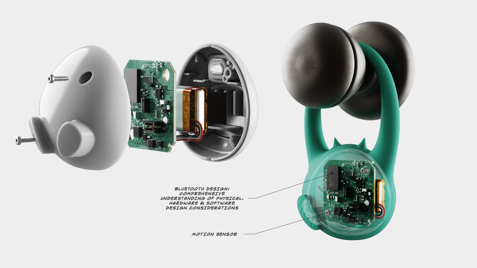 Exploded view of the toddler door monitor Bluetooth electronics beside the teal device with motion sensor