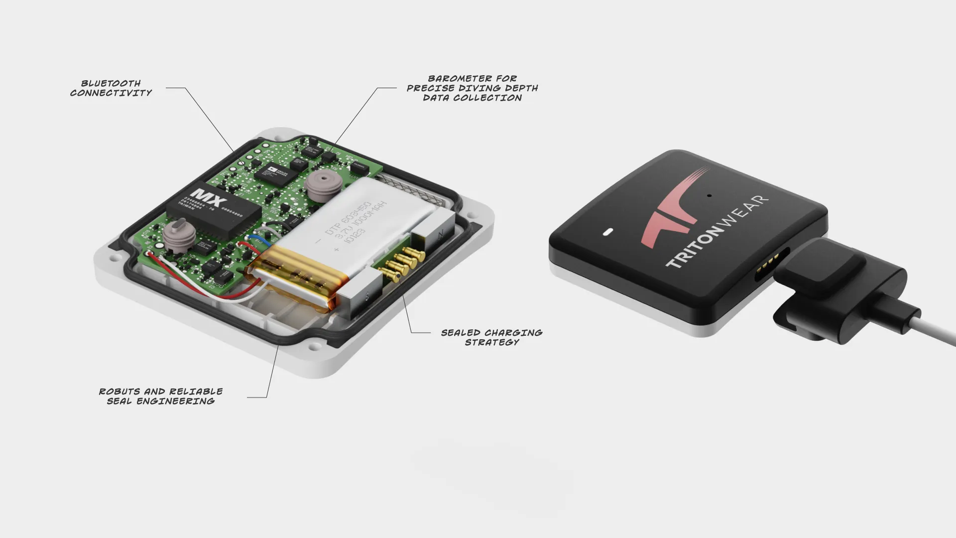 TritonWear swim tracker with its Bluetooth PCB and battery exposed beside the sealed device on its charger
