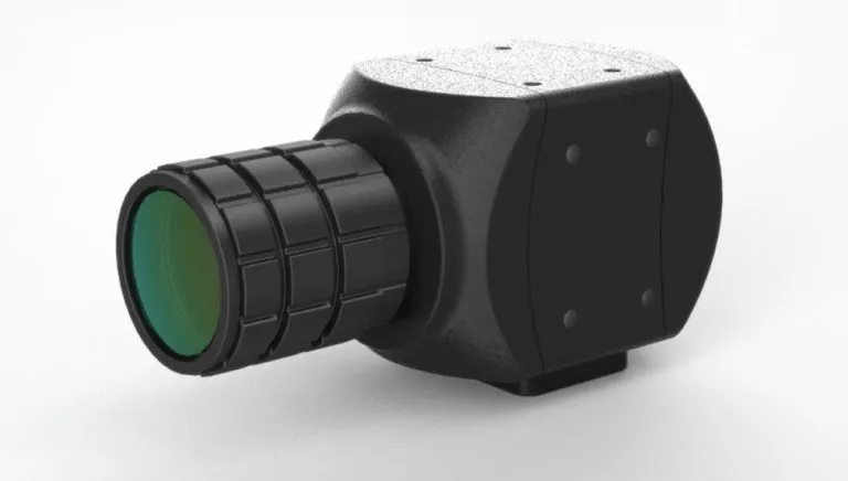 CAD render of the Lumenera CMOS camera with a black textured enclosure and lens