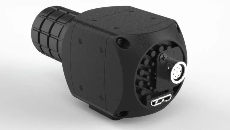 CAD render of the rear of a Lumenera camera showing USB and circular connectors