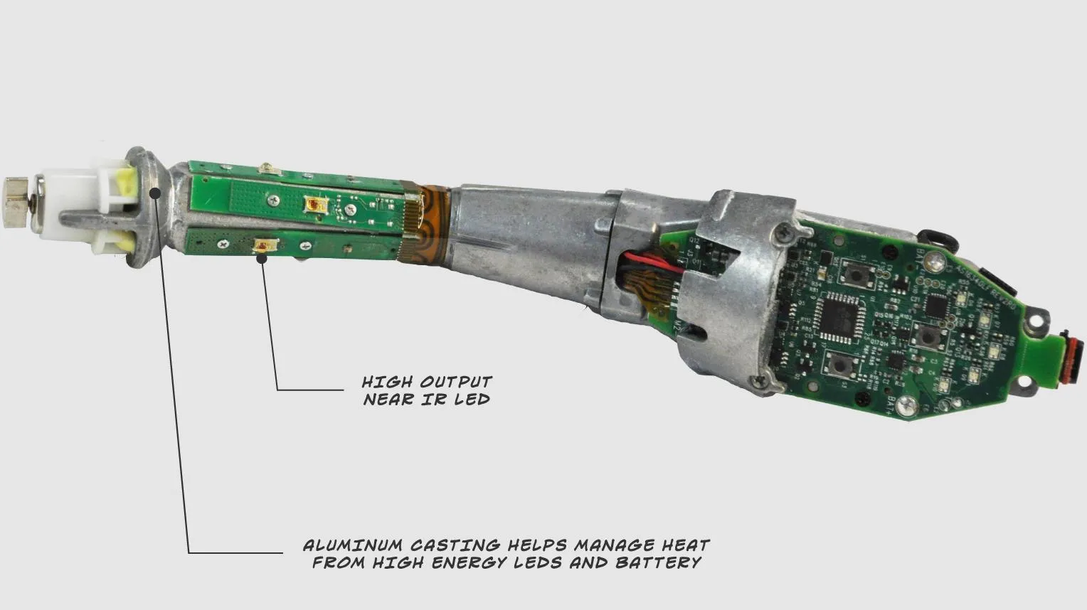 Disassembled Joylux vSculpt device showing its aluminum casting, near-IR LED boards and main PCB