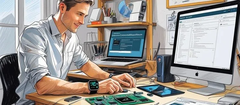 Engineer measuring a small part with digital calipers over drawings at a desk