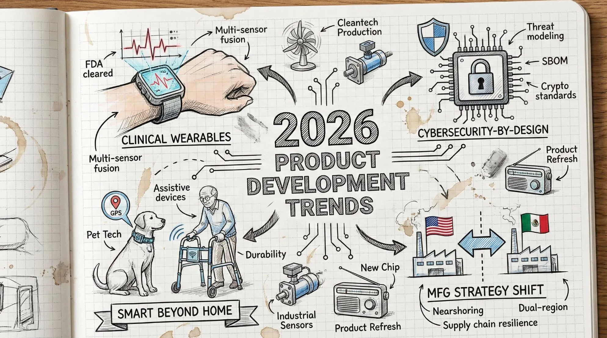 Crowd in a conference hall facing a Design 1st screen reading Product Development Trends 2026