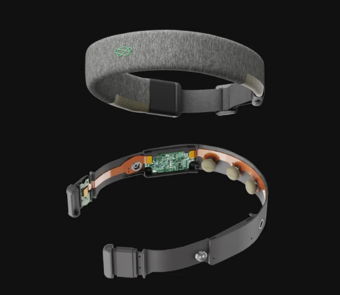 Render of the Neurovine headband and an exploded view of its internal electronics and sensors