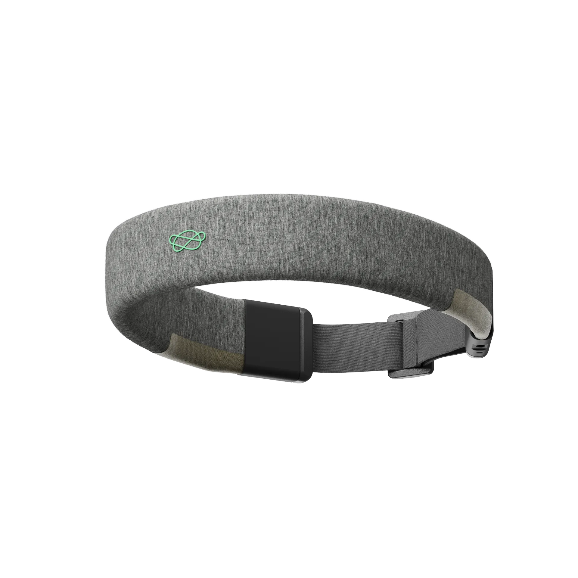 Render of the Neurovine grey fabric headband with green logo and adjustable strap buckle