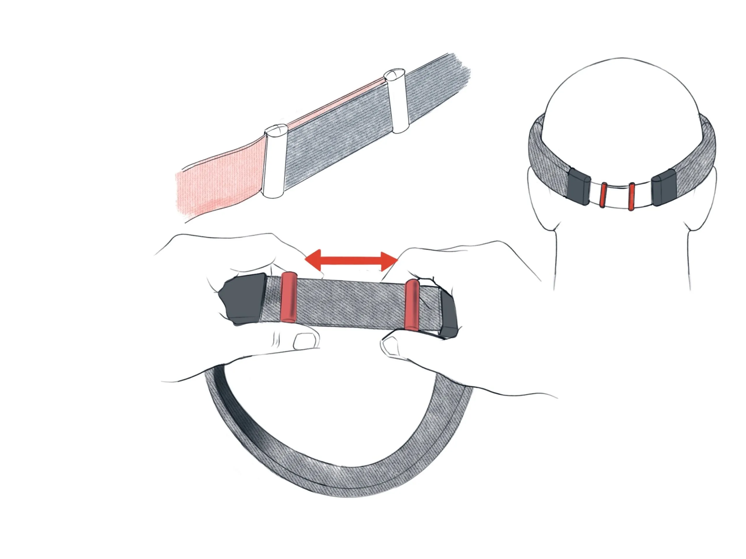 Concept sketch of the Neurovine headband's adjustable strap and clip, worn and stretched by hand