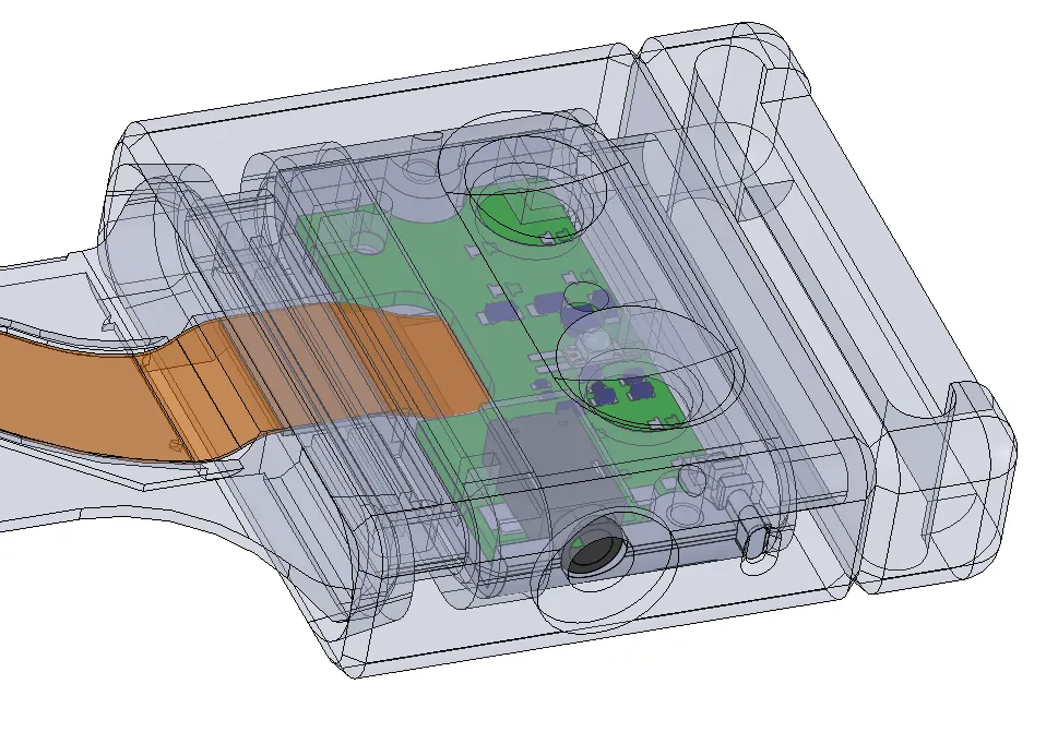 Transparent CAD render of the Neurovine headband pod showing the circuit board and flex cable