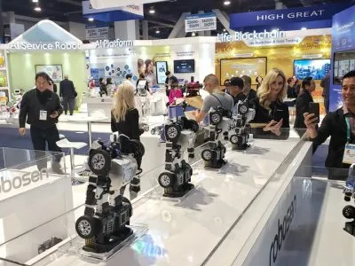 Row of Robosen transforming robot toys on display at CES 2020