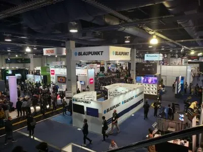 Overhead view of the Blaupunkt booth and crowded CES 2020 show floor
